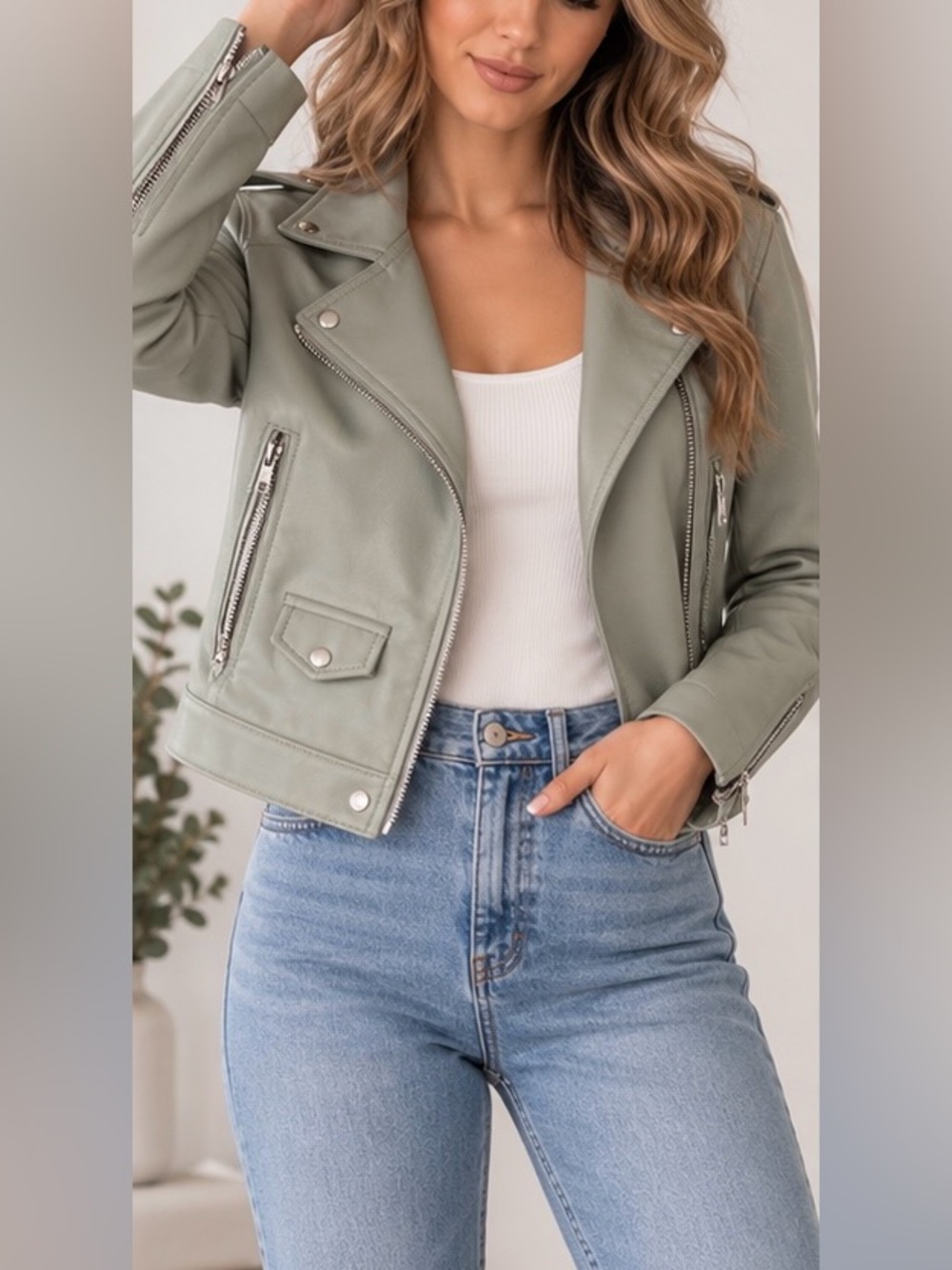 NWT BLANKNYC Play Act Faux Leather Moto Jacket Olive Green M
